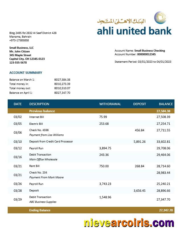 Ahli United Bank firm account statement